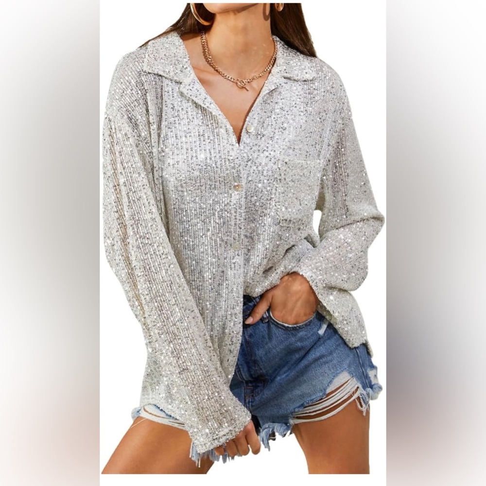 Silver Sequin Button Up Top - image 1